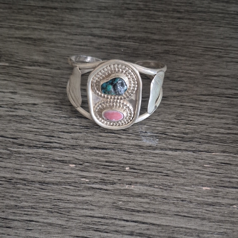 Silver Cuff Bracelet with Turquoise and Coral Stones